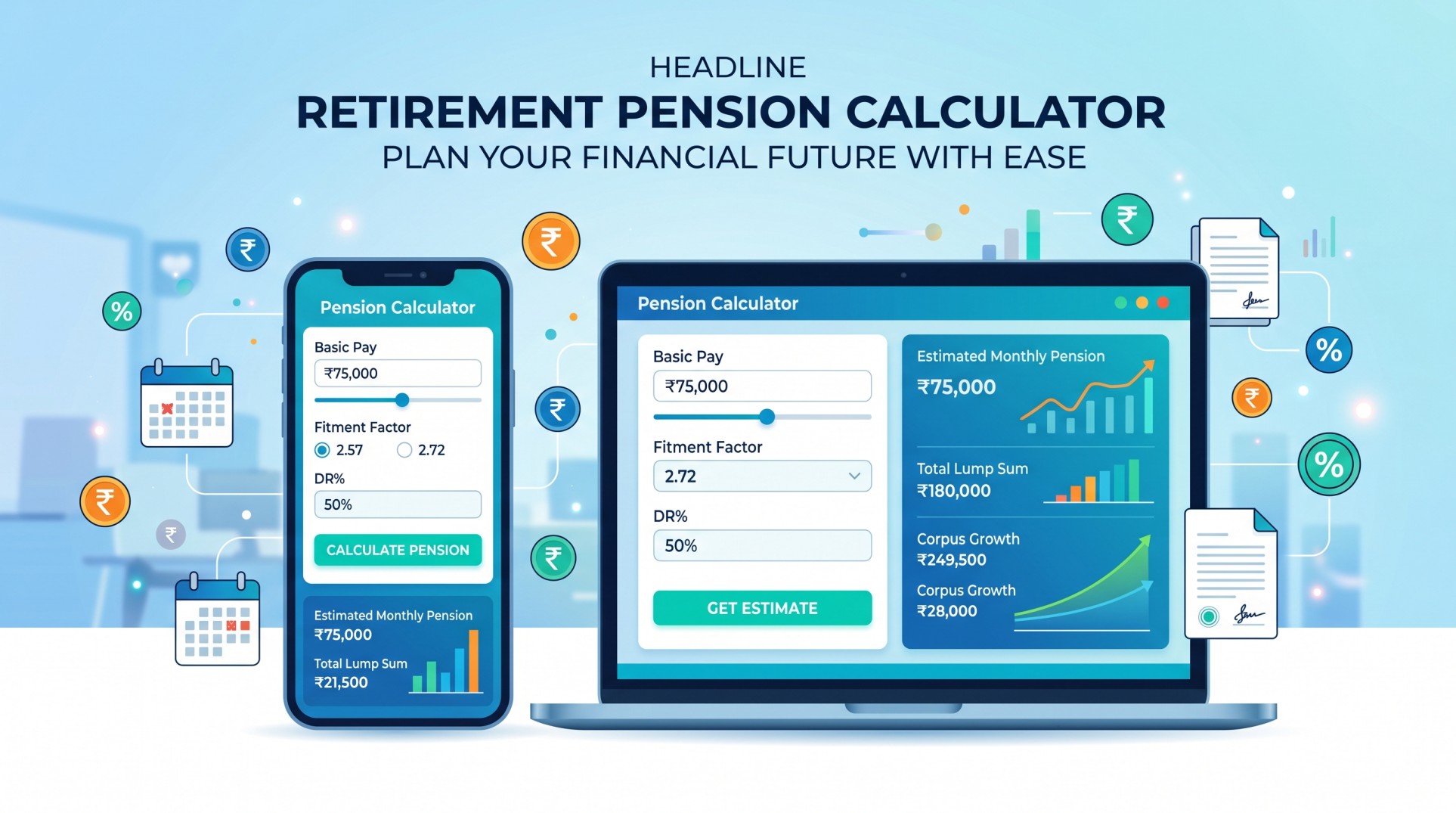 8th Pay Commission Pension Calculator showing fitment factor and projected pension