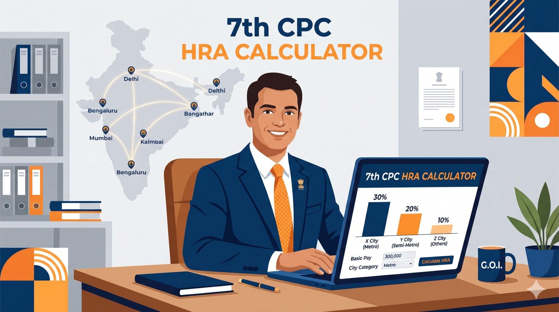 7th CPC HRA calculator tool for central government employees showing X Y Z city HRA exemption 2026